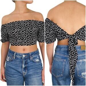 Shein Black Floral Off Shoulder Tie Back Blouse Small